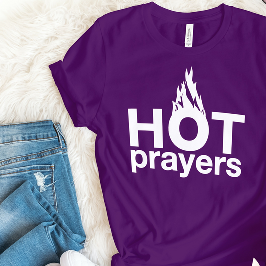 "hot prayers" premium t-shirt ~ white on purple