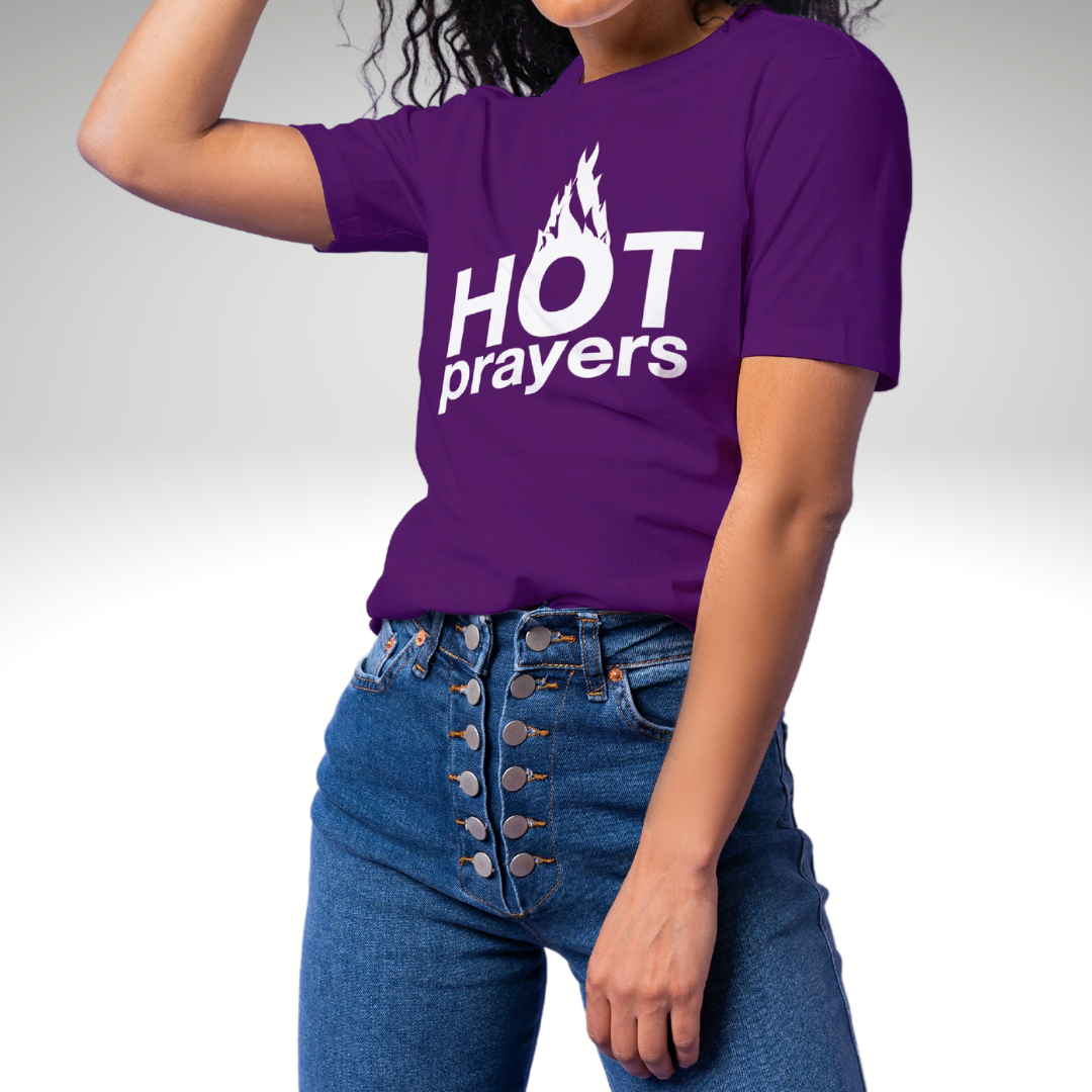 "hot prayers" premium t-shirt ~ white on purple