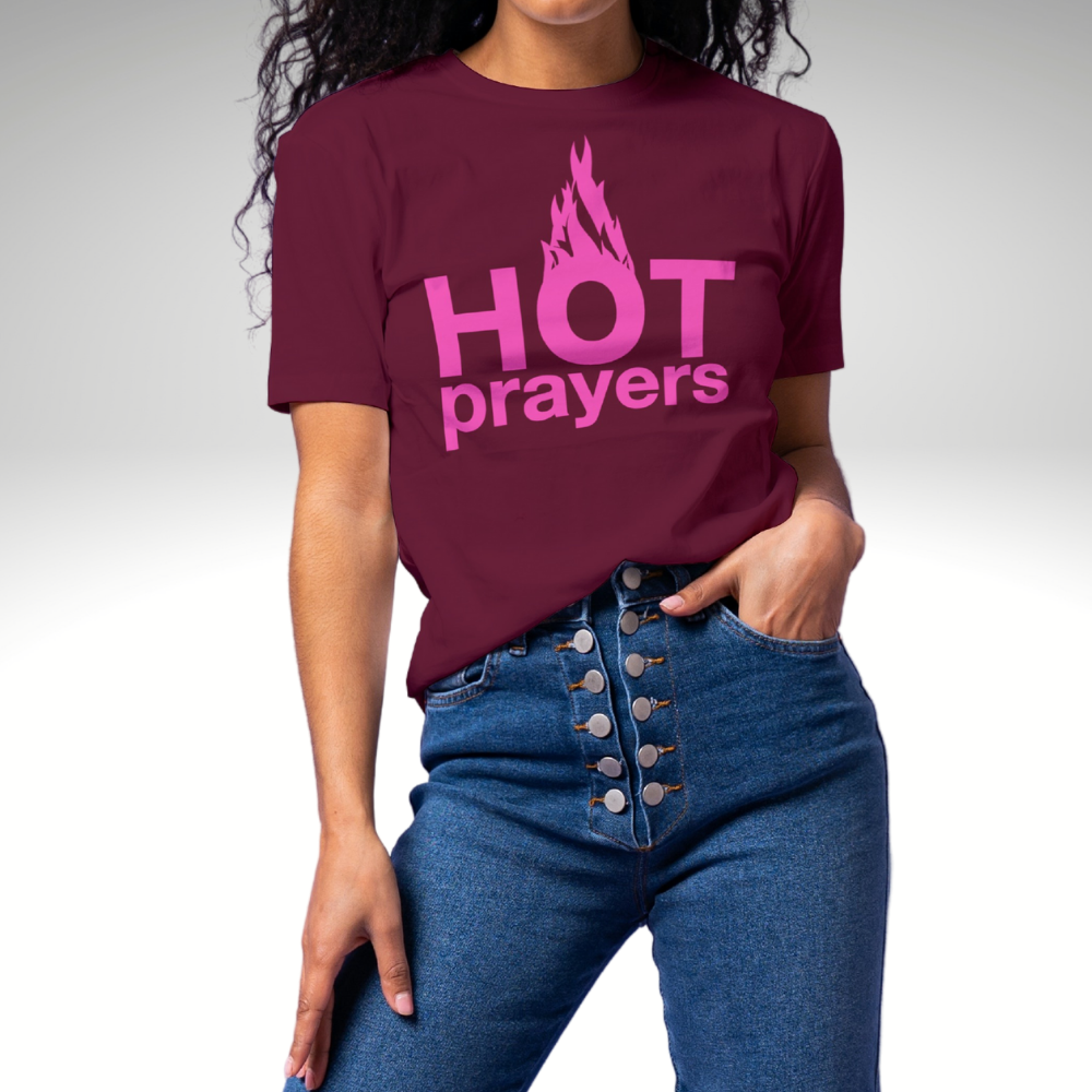 "hot prayers" premium tshirt ~ soft hot pink on wine