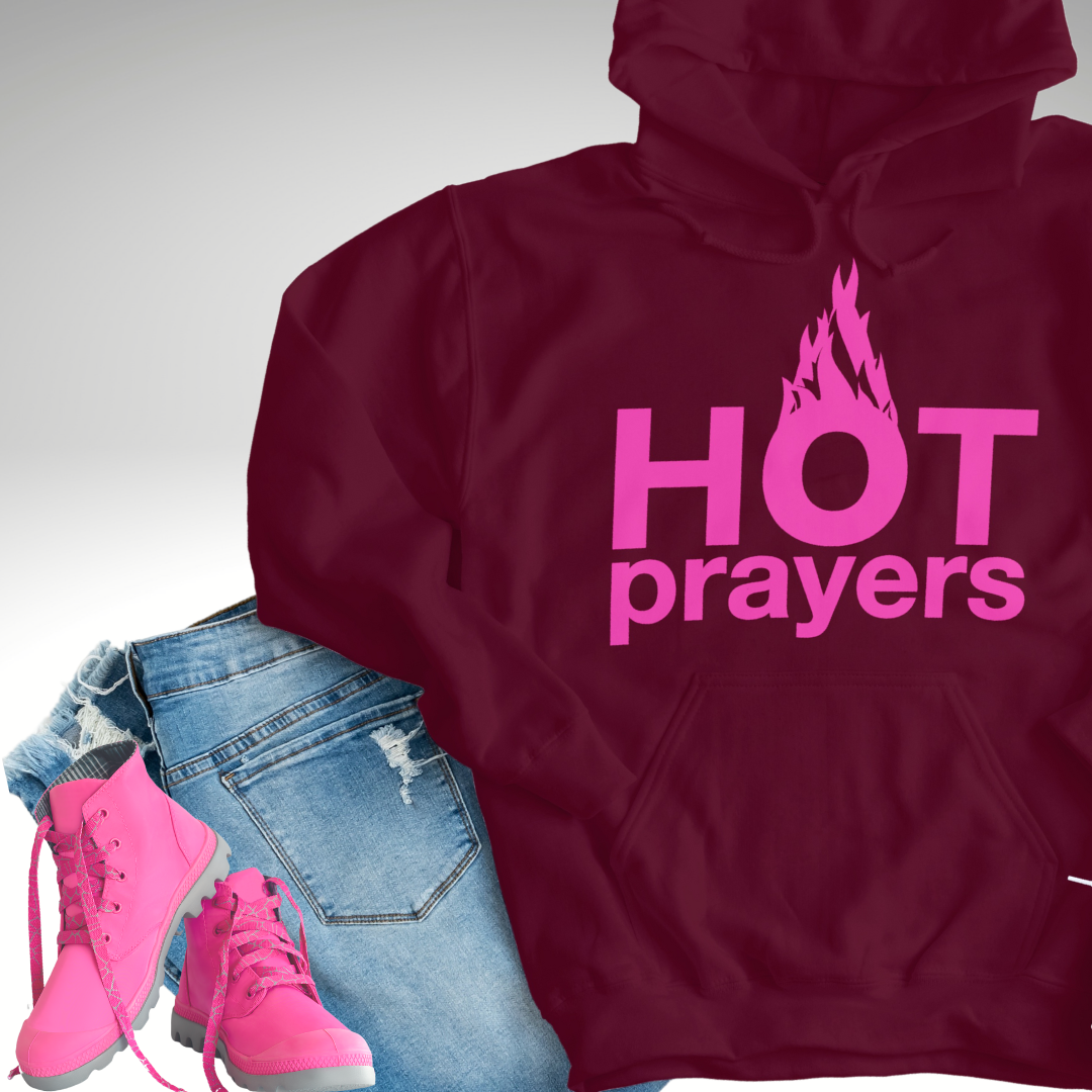 "hot prayers" hoodie ~ soft hot pink on wine