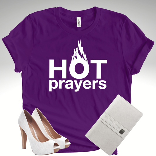 "hot prayers" premium t-shirt ~ white on purple