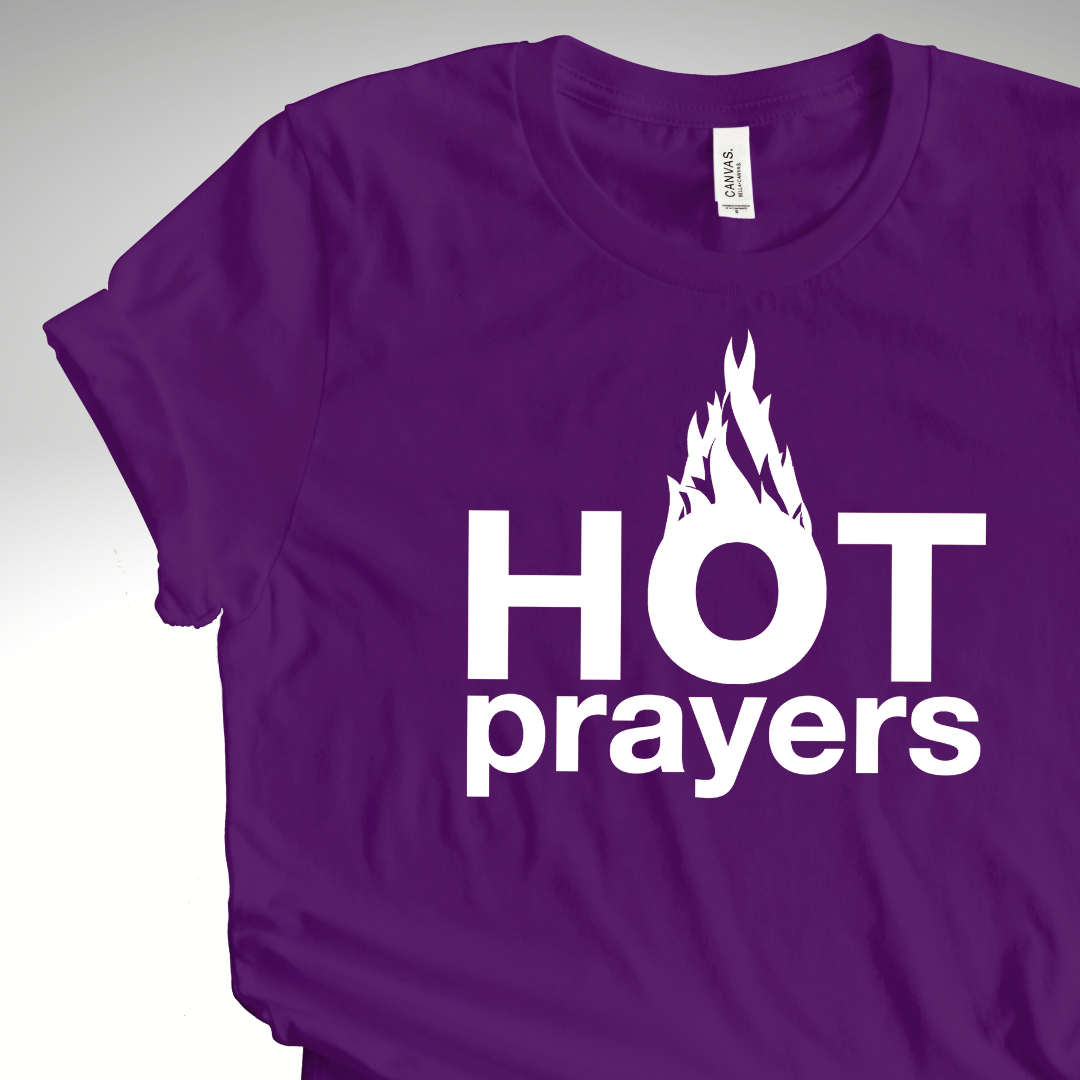 "hot prayers" premium t-shirt ~ white on purple