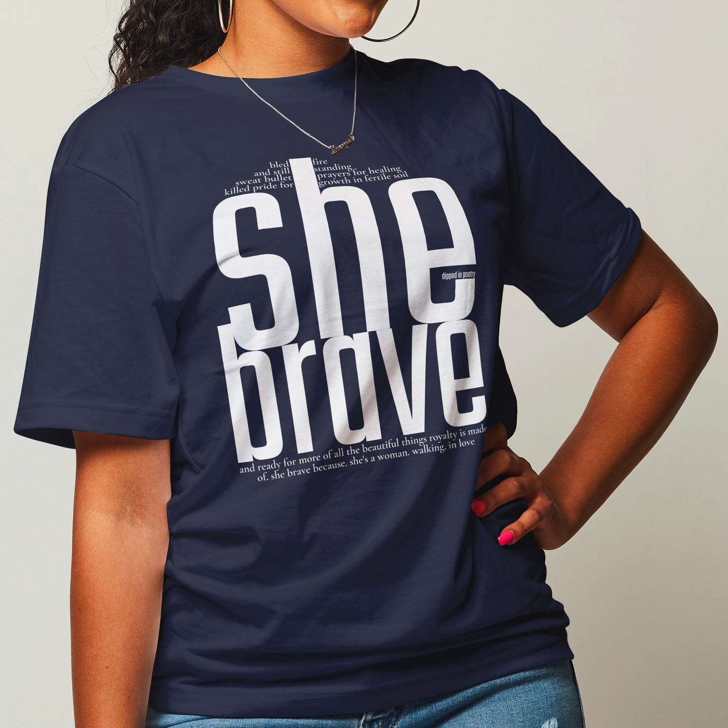 "she brave" premium t-shirt ~ white on navy blue
