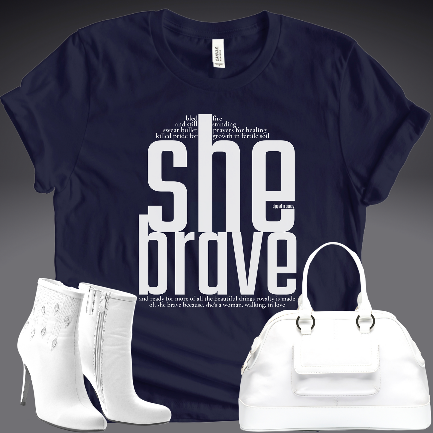 "she brave" premium t-shirt ~ white on navy blue